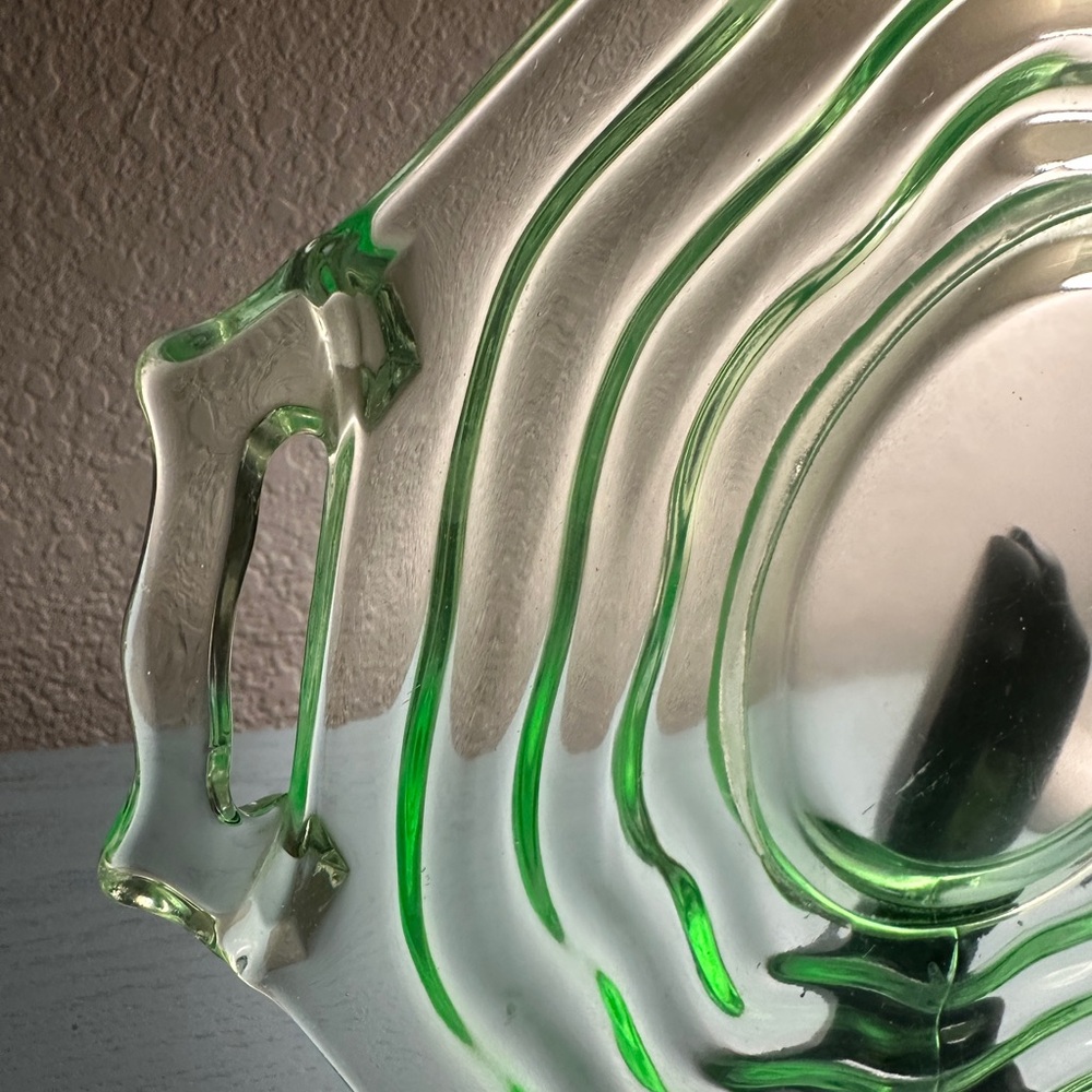 Jenkins Glass Green Uranium Handled Cake Platter - 12 inch Vaseline Dish - Picture 3 of 6